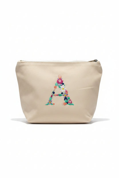 Gepersonaliseerde canvas toilettas met geborduurde bloemenletter