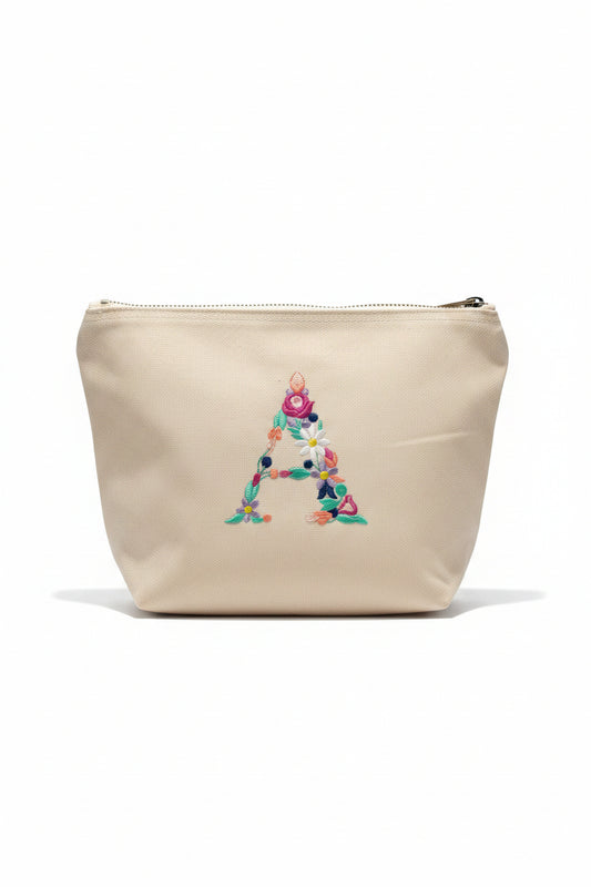 Gepersonaliseerde canvas toilettas met geborduurde bloemenletter